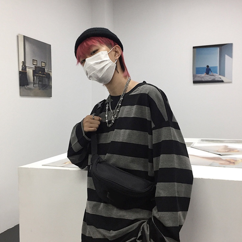 Áo thun tay dài cổ tròn dáng rộng họa tiết kẻ sọc màu sắc tương phản phong cách Harajuku