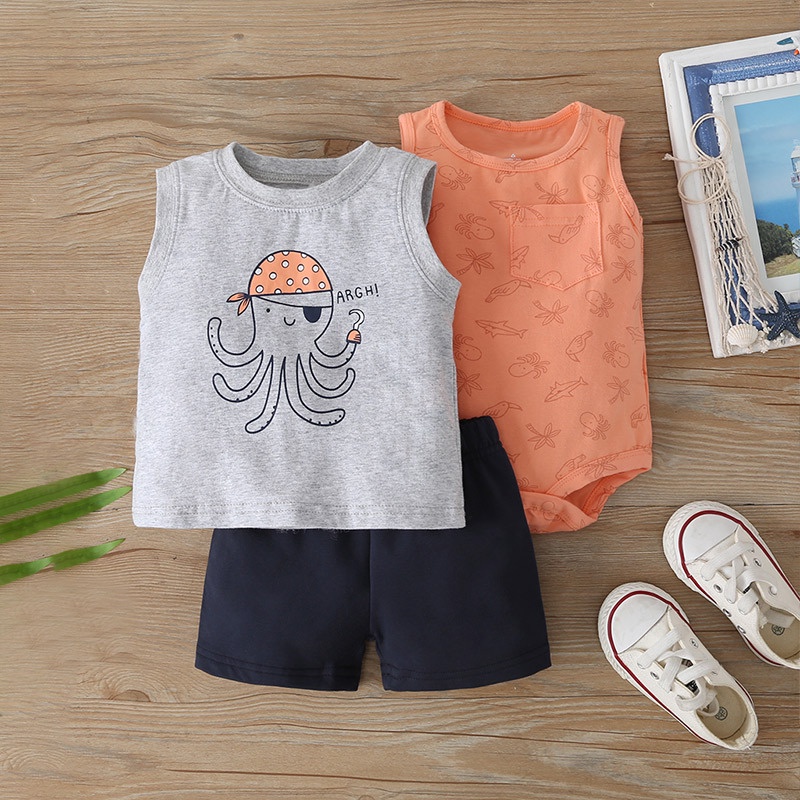 Combo bộ đồ bé trai 6-24 tháng Cotton không tay áo ba lỗ bodysuit liền thân quần đùi set mùa hè thời trang cho bé trẻ em sơ sinh