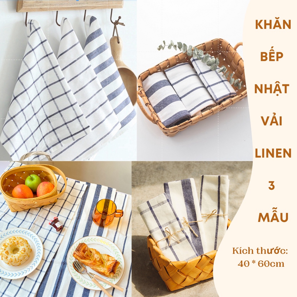 Khăn Bếp, Khăn Trải Bàn Vải Linen Kẻ Sọc Caro, Phong Cách Tối Giản Nhật Bản - almondconcept