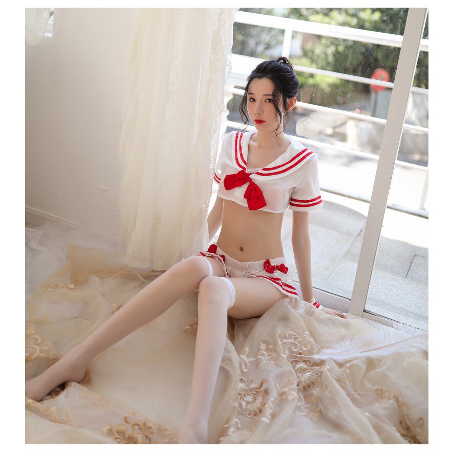 Đồ ngủ cosplay sexy nữ sinh Nhật Bản áo xuyên thấu viền đỏ | BigBuy360 - bigbuy360.vn