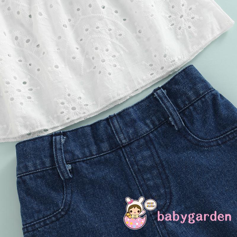 Bộ Áo Thun Trễ Vai Tay Ngắn + Quần Short Denim Thời Trang Mùa Hè Cho Bé Gái 6 Tháng Tuổi 4 Tuổi
