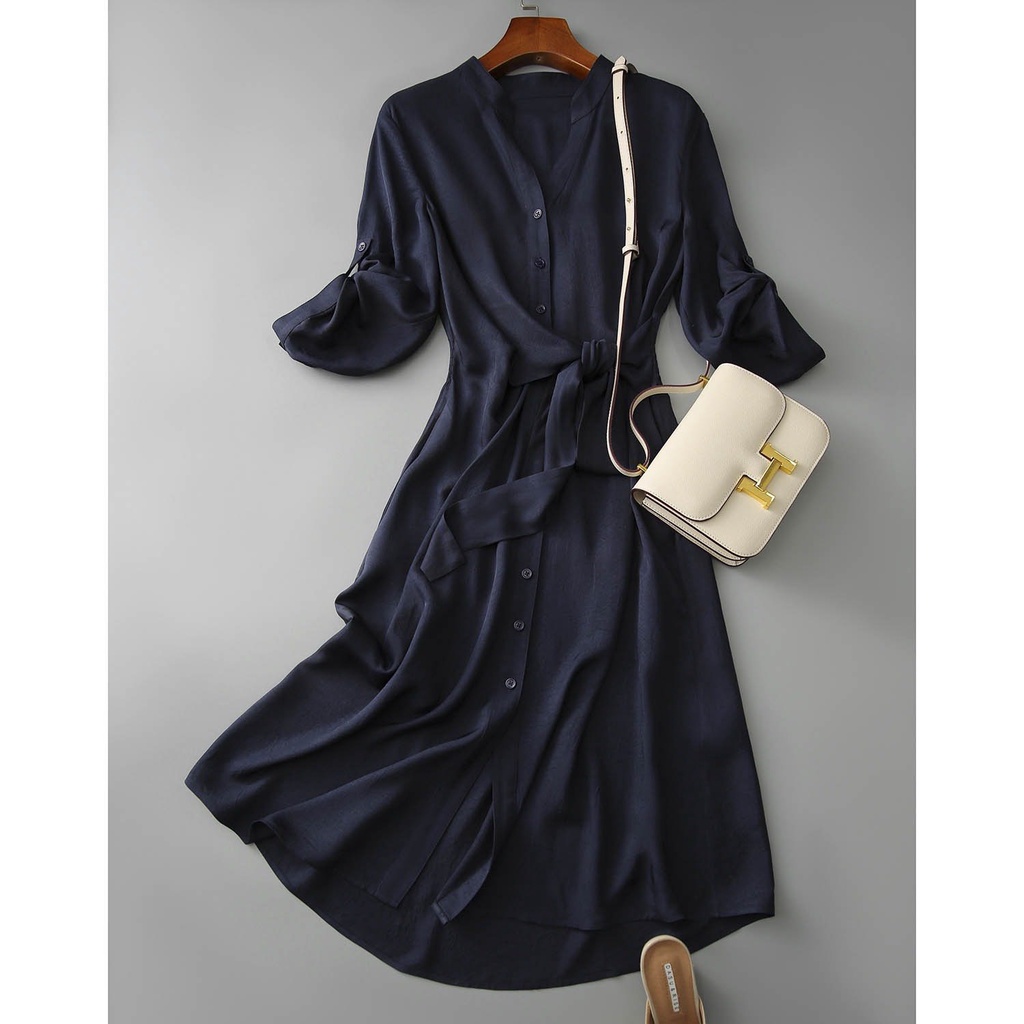 Đầm công sở màu xanh than thắt nơ eo thanh lịch - Talia Dress - Helen Boutique