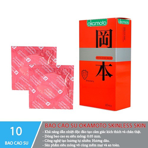 Bao cao su Okamoto Skinless Skin Strawberry, bcs hương dâu siêu mỏng kéo dài thời gian