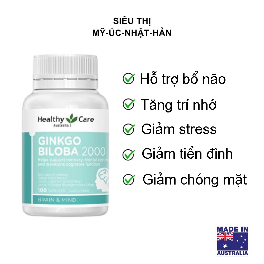 Viên bổ não (100v) tăng tuần hoàn máu não, trí nhớ cho bé từ 12 tuổi và người già Healthy Care Ginkgo Biloba 2000mg, Úc