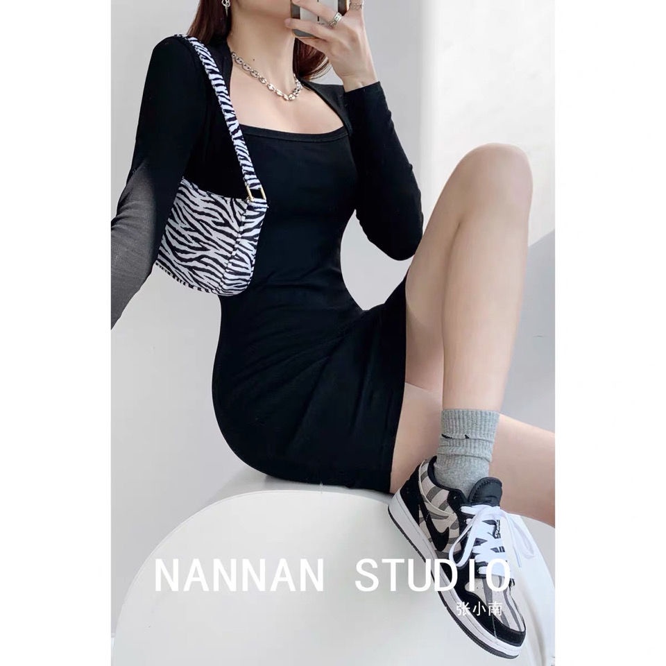 COZOK Đầm dệt kim tay dài cổ vuông ôm eo giả hai lớp thời trang cho nữ