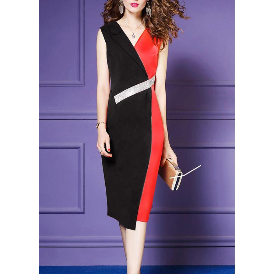 GOTI - Hình Thật - Đầm Ôm Dự Tiệc Trung Niên Kiểu Xẻ Tà Đắp Chéo Phối Màu Đính Cườm 3070