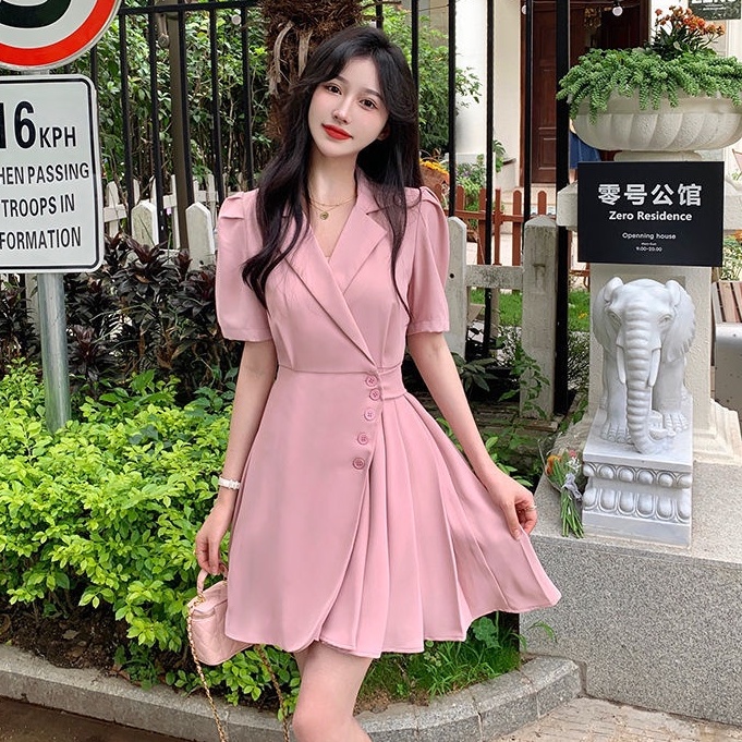 Đầm Tay Phồng Ngắn Cổ Chữ V Xếp Ly Thời Trang Hàn Quốc Xinh Xắn Cho Nữ