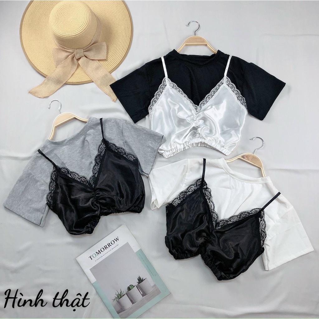 áo kiểu croptop kèm áo phi yếm ren ngoài xinhu