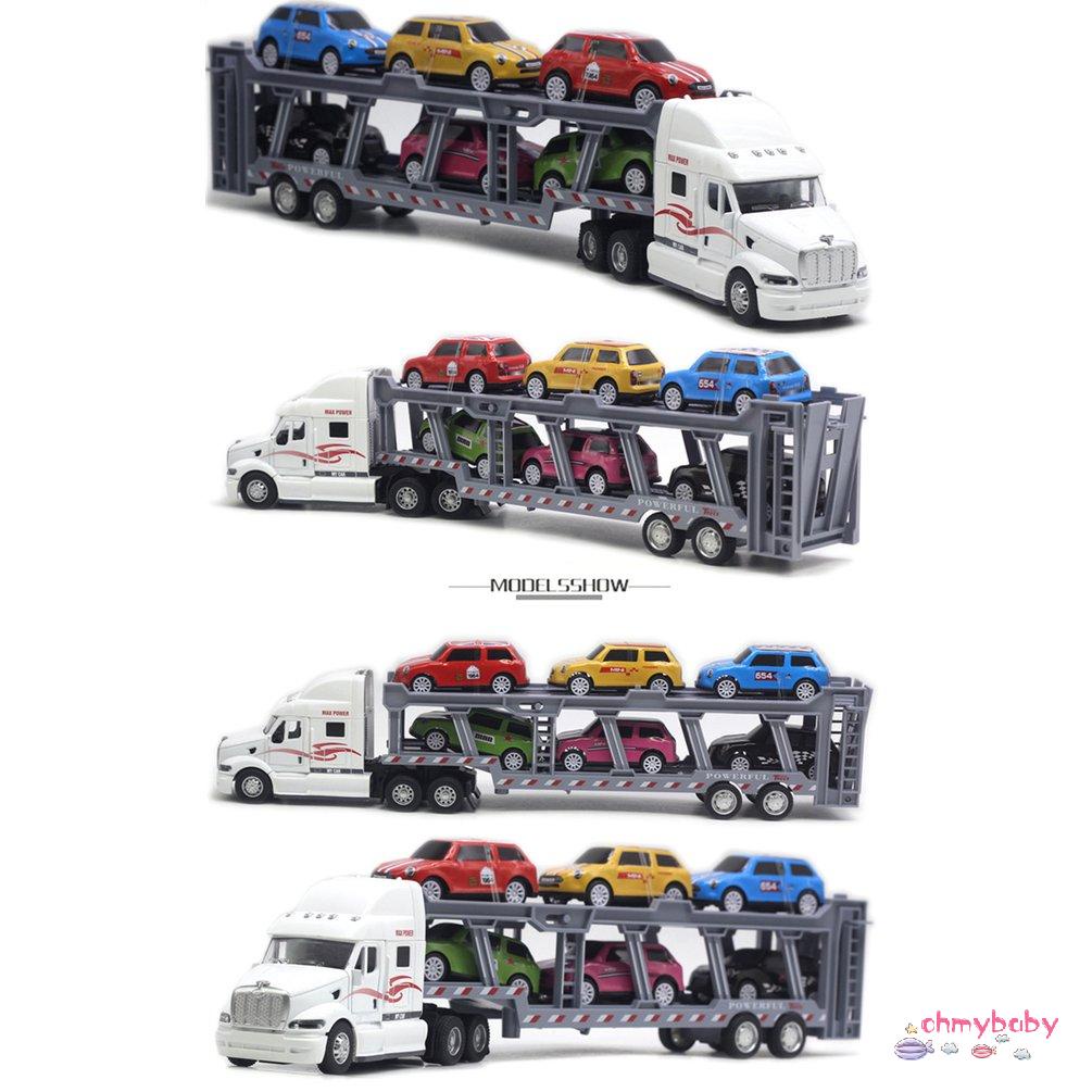 【OMB】 Car Carrier Model Big Rig Truck Hauler Trailer With 6 Race Cars Carrier Toy