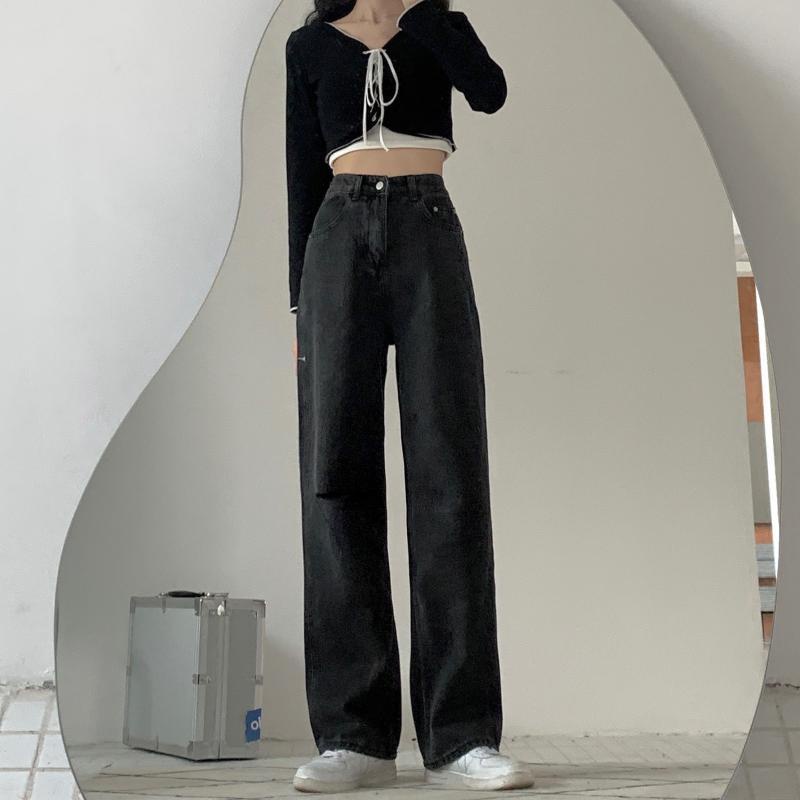 Xiaozhainv Quần Denim Nữ Lưng Cao Rách Gối Cá Tính Phong Cách Hàn Quốc