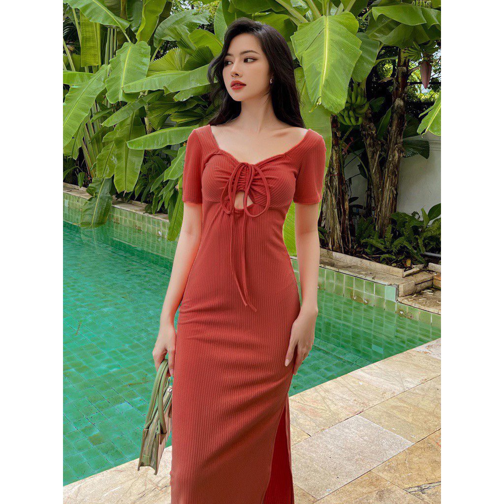 Đầm tay ngắn rút dây ngực ôm body dáng dài xẻ tà trơn cực xinh , chất thun gân mềm mát