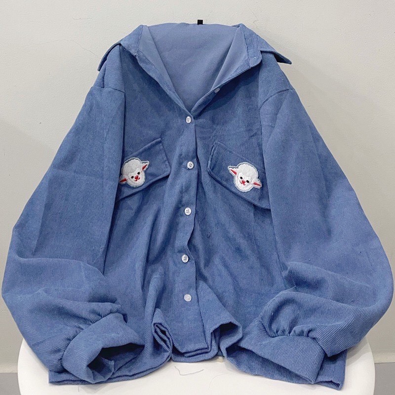 Áo Sơ Mi Nhung Gân Cừu 2 Nắp Túi GIẢ Form Rộng Unisex Nam Nữ Phong Cách Hàn Quốc Ulzzang