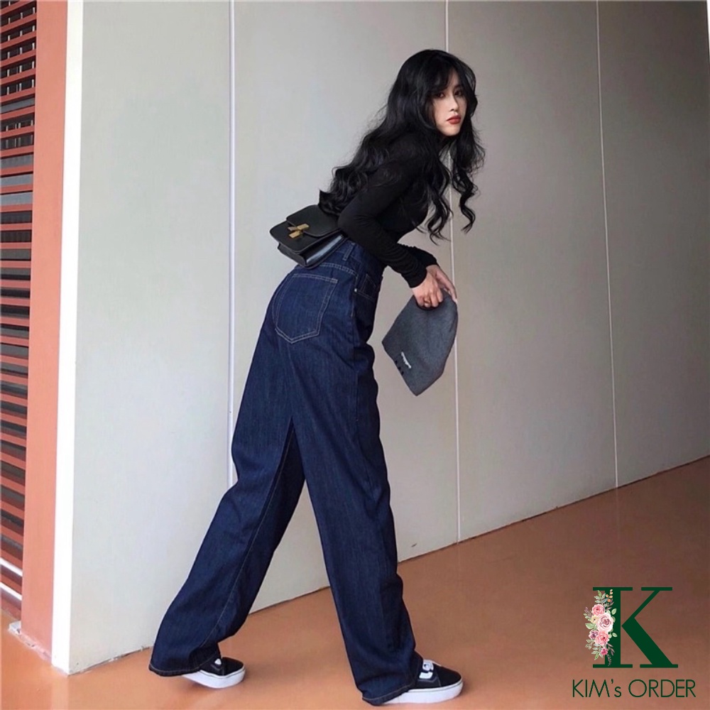 Quần Jean Nữ Màu Xanh Than Cạp Cao Ống Rộng Dáng Suông Phong Cách Ulzzang Hàn Quốc Basic Đi Học Đi Làm Đi Chơi