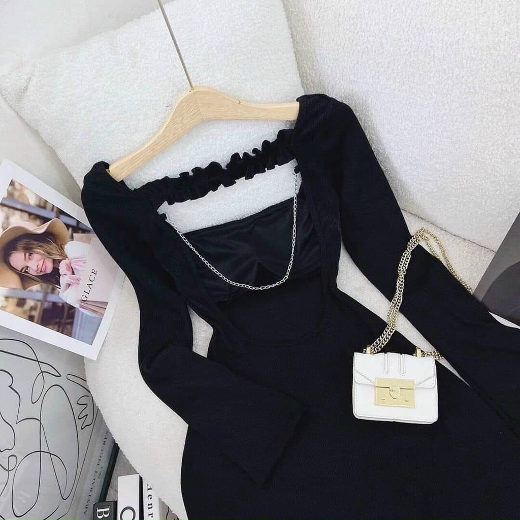 ĐẦM ĐEN TAY DÀI CỔ VUÔNG CUT OUT LƯNG