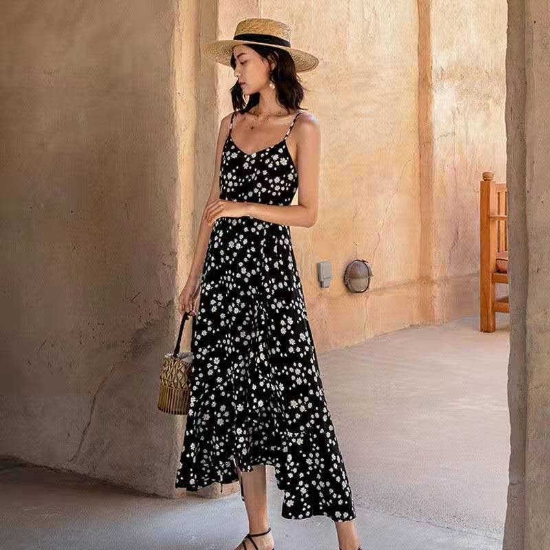 Đầm nữ 2 dây cổ chữ V in hoa thời trang