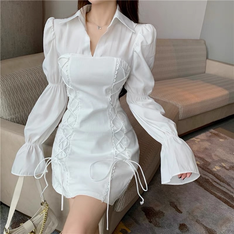 (Ảnh thật) Đầm cổ sơ mi đan dây eo tay loe - D226 | BigBuy360 - bigbuy360.vn