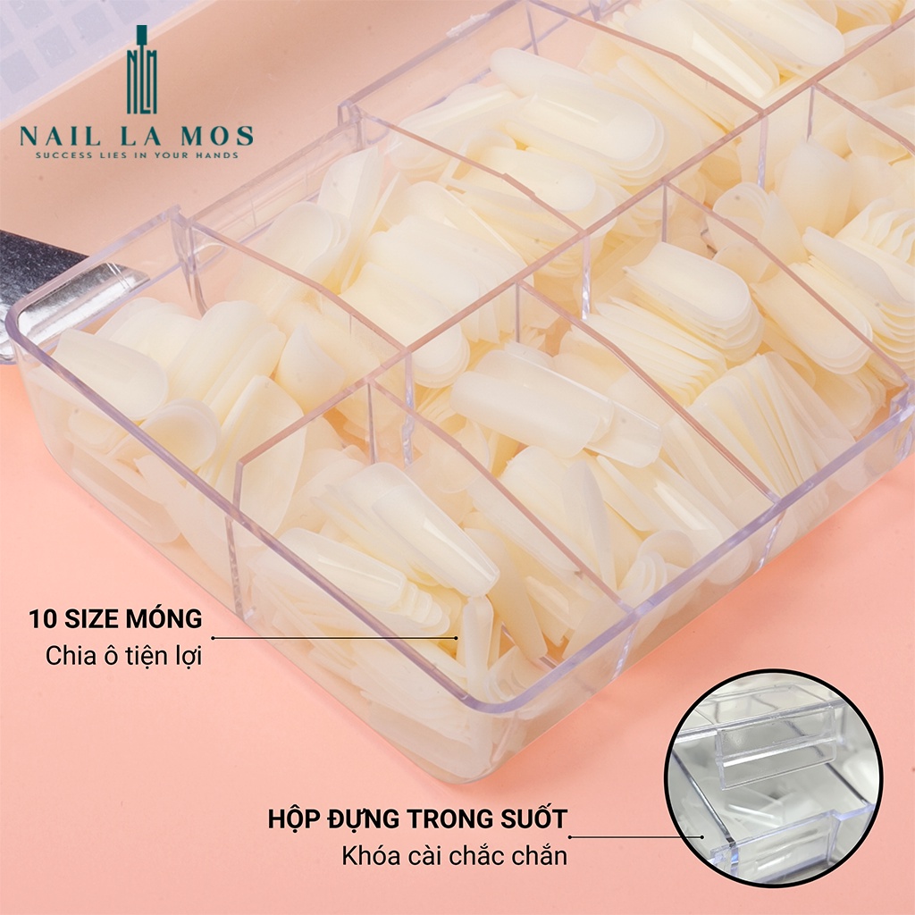 Móng úp HSM chính hãng loại mặt nhám sẵn - hộp 500 móng đủ size phom vuông chuẩn đẹp không cần dũa