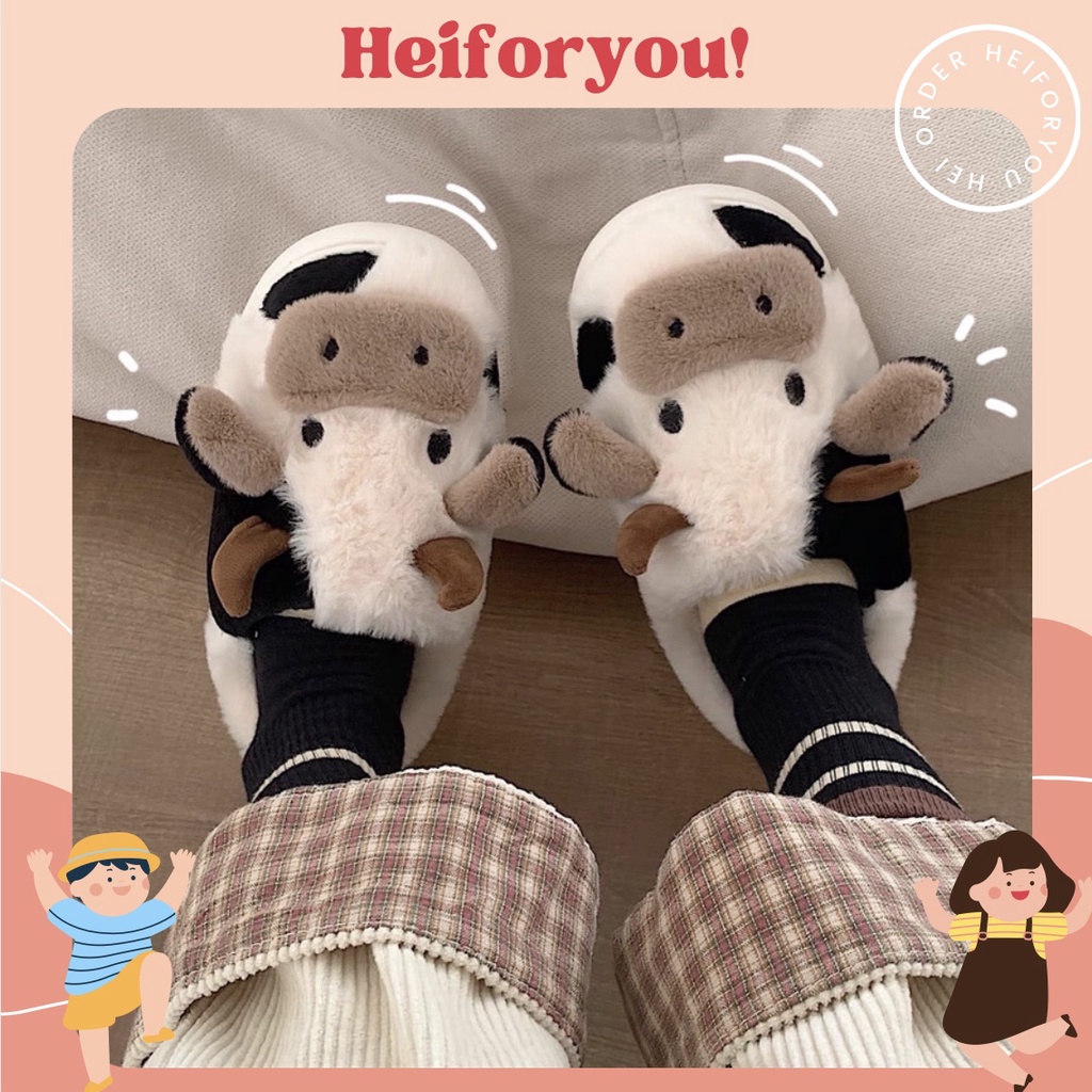 Dép bông Bò Sữa dễ thương phong cách Hàn Quốc mùa đông chống trượt