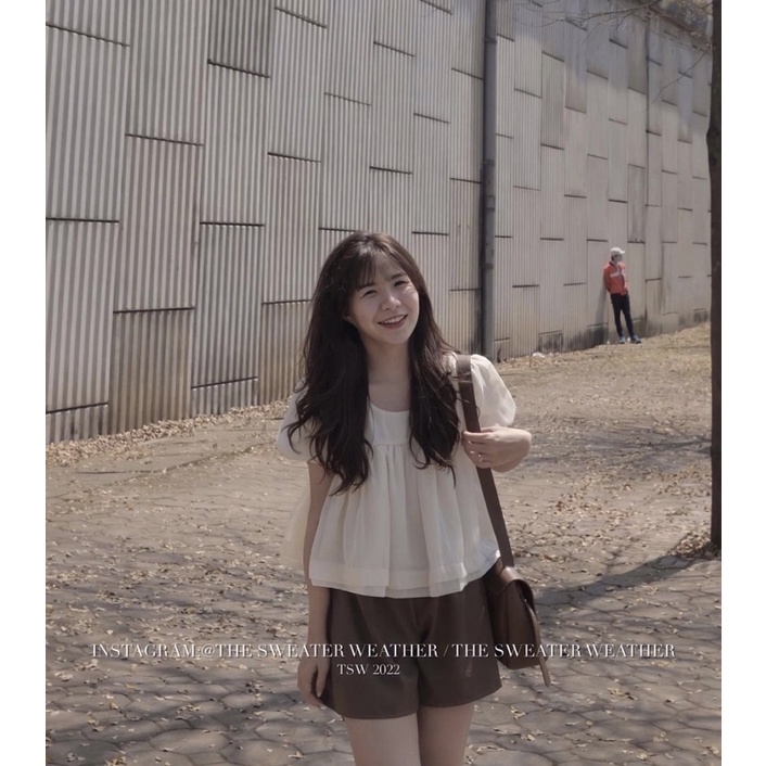 Set áo babydoll nơ sau be sữa mix quần nâu ulzzang