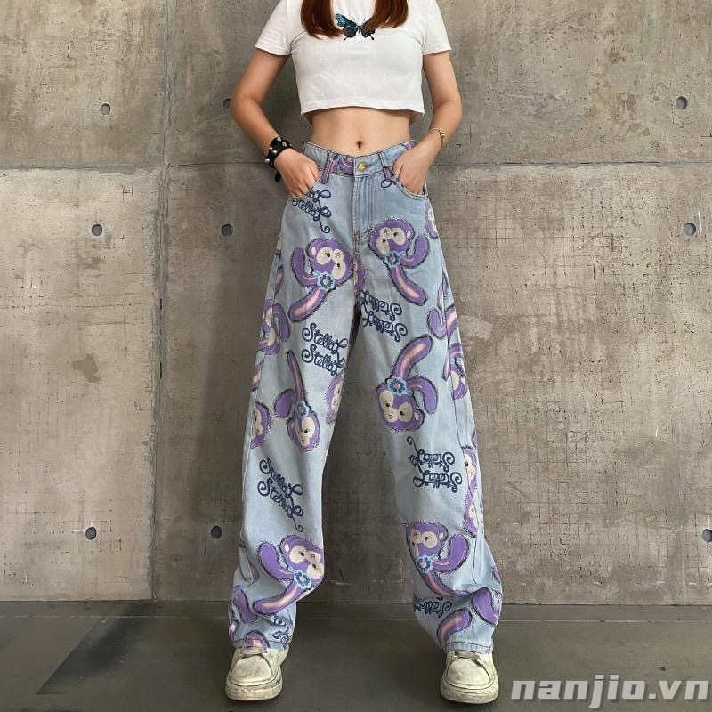 Quần jean lưng cao ống suông rộng in họa tiết hoạt hình cá tính | BigBuy360 - bigbuy360.vn