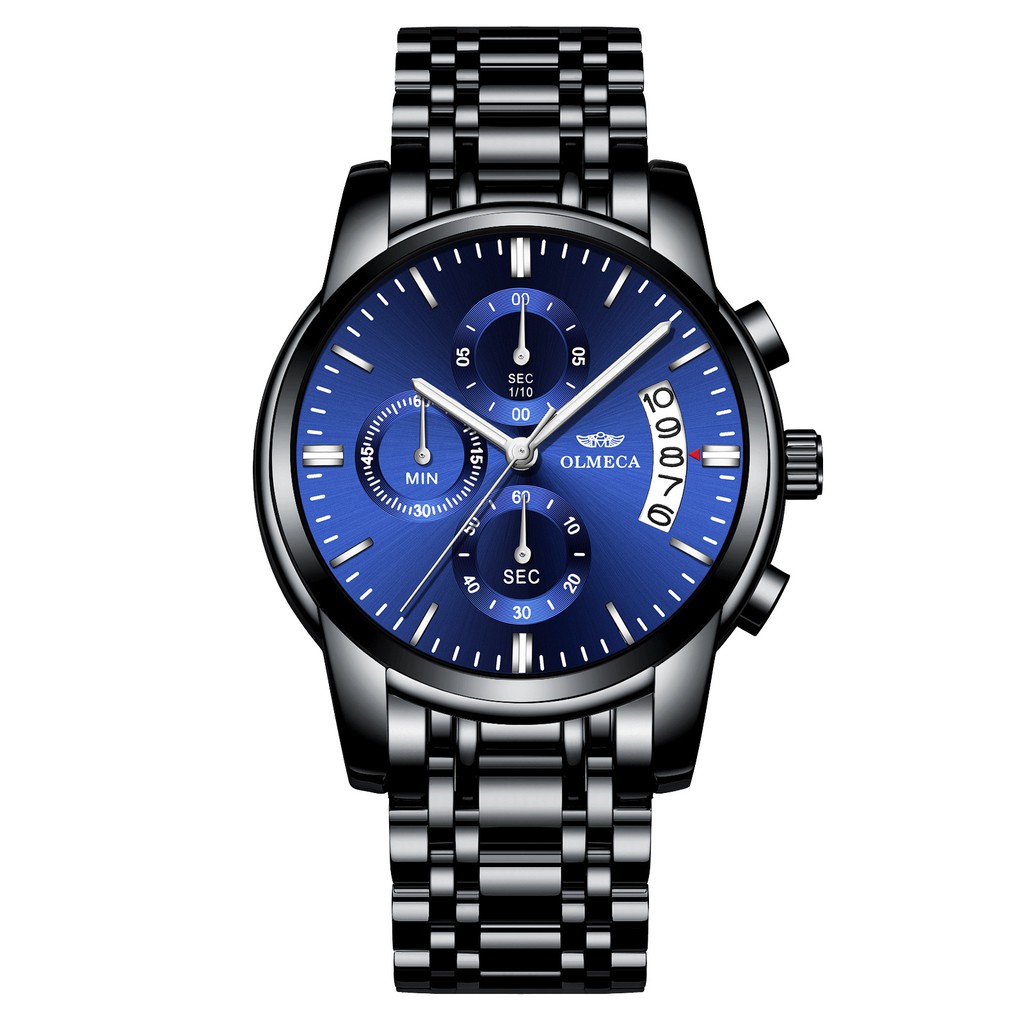 (ĐẲNG CẤP) Đồng hồ nam chạy 6 kim OLMECA máy nhật Kính Tráng Sapphire dây thép đúc đặc