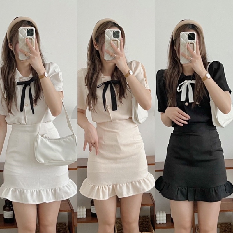 Set áo + chân váy dạ text mỏng (kèm nơ rời)