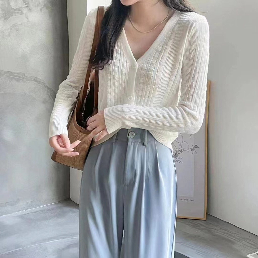 Áo khoác cardigan ZHELIHANGFEI vải dệt kim tay dài dáng rộng cổ chữ V dễ phối đồ