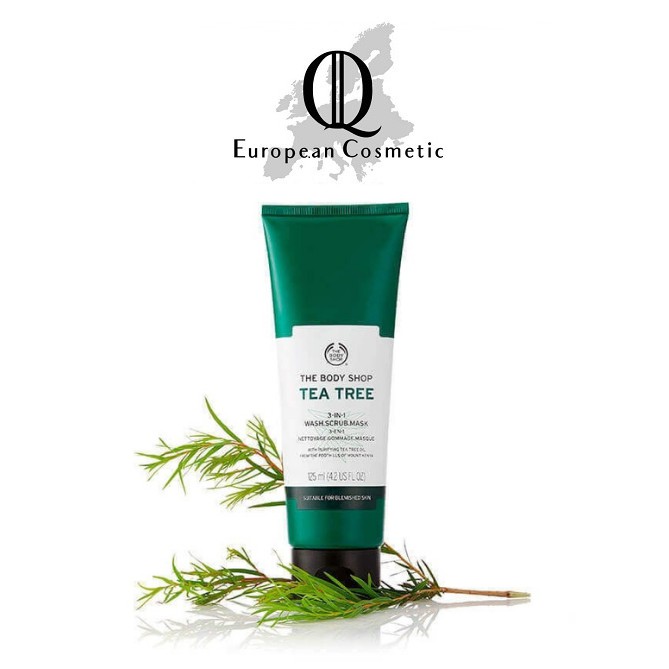 Sữa rửa mặt, mặt nạ tẩy da chết da mụn the body shop tea tree 3in1 wash scrub mask 125ml