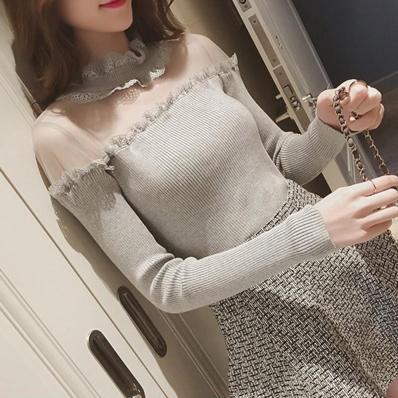 Áo sweater dài tay phối ren trễ vai gợi cảm bằng cotton pha dành cho nữ