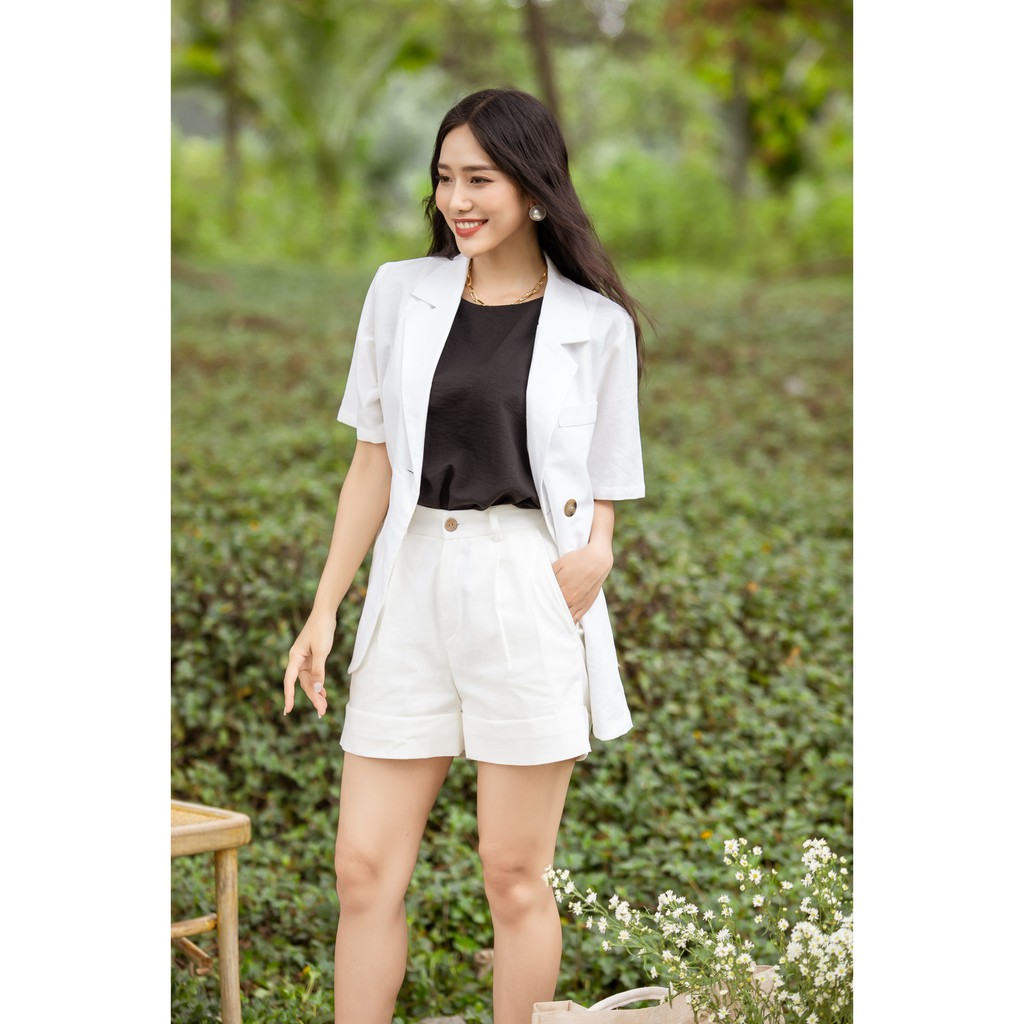 Quần Short Linen Có Lê Vê Màu trắng - HOO DESIGN ( RESTOCK THƯỜNG XUYÊN )