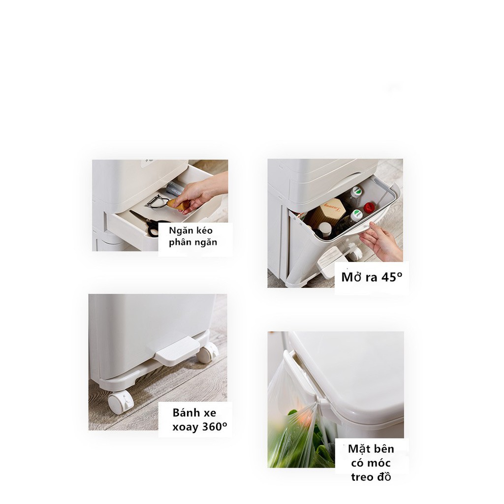 Thùng phân loại rác thông minh 2 tầng nhiều ngăn có bánh xe đẩy hiện đại màu trắng nhập khẩu Đài Loan