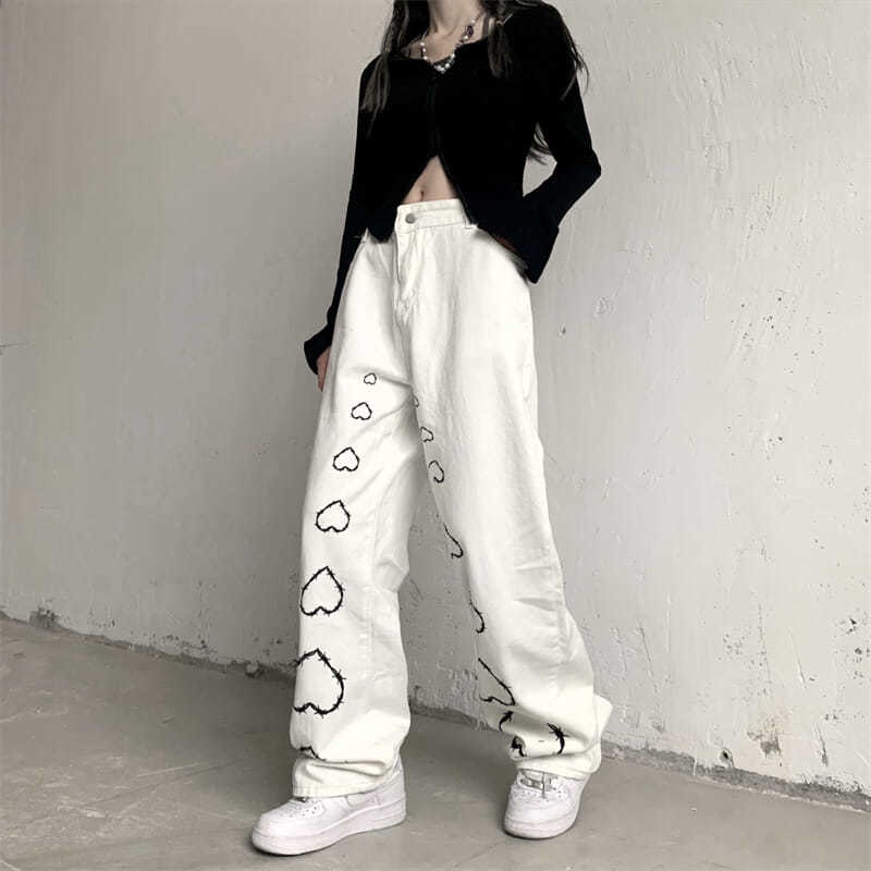 Quần Jean Dài Ống Rộng Màu Trắng Họa Tiết Trái Tim Phong Cách Retro Thời Trang Thu Đông Mới Dành Cho Nam Và Nữ LT7n