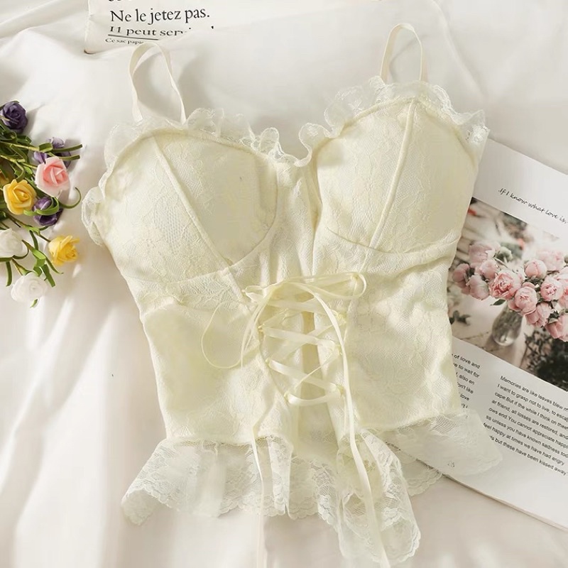 Áo dây dáng corset ren thắt nơ lụa bèo nhún ôm tôn dáng sexy phong cách lolita có đệm mút