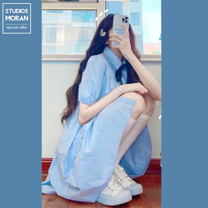 Váy sơ mi babydoll dập viền cổ bẻ thắt nơ màu xanh MORAN style đáng yêu Hàn Quốc
