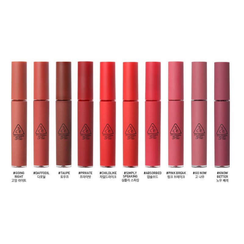 3CE VELVET LIPSTICK TINT Waterproof Matte Nude Lips Cosmetic Korea