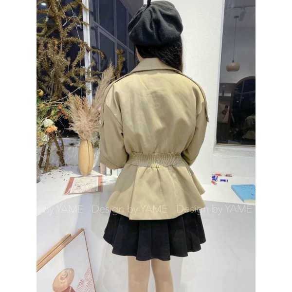 Áo khoác măng tô kaki chần chun eo có đai cài hàng VN
