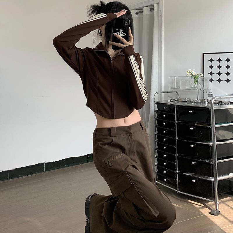 Áo Sweater Tay Dài Kẻ Sọc Phối Khóa Kéo Thời Trang Đường Phố Cá Tính Cho Nữ