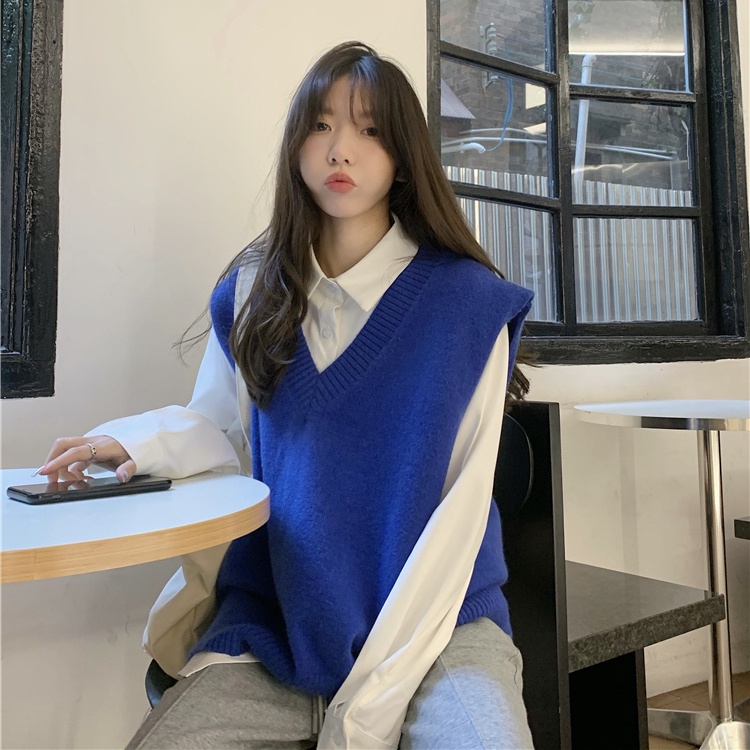 Bộ Đồ Nữ Hàn Quốc Mới Đại Học Cổ Chữ V Dệt Kim