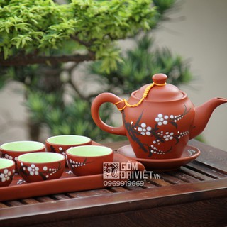 Bộ ấm trà tử sa Bát Tràng vẽ hoa đào đỏ dáng cao