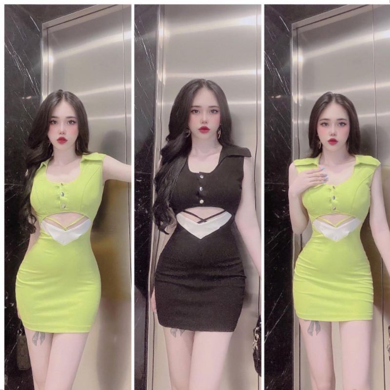 Đầm Tay Ngắn/ Sát Nách Cổ U Trụ Polo - Cut Out Khoét Hở Bụng Đan Chéo Dây - Dáng Ngắn Form Ôm Body Sexy - Thun Gân