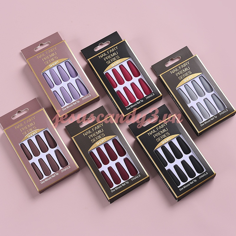 Bộ 24 móng tay giả màu trơn bằng nhựa resin dáng dài có hộp đựng cho nữ