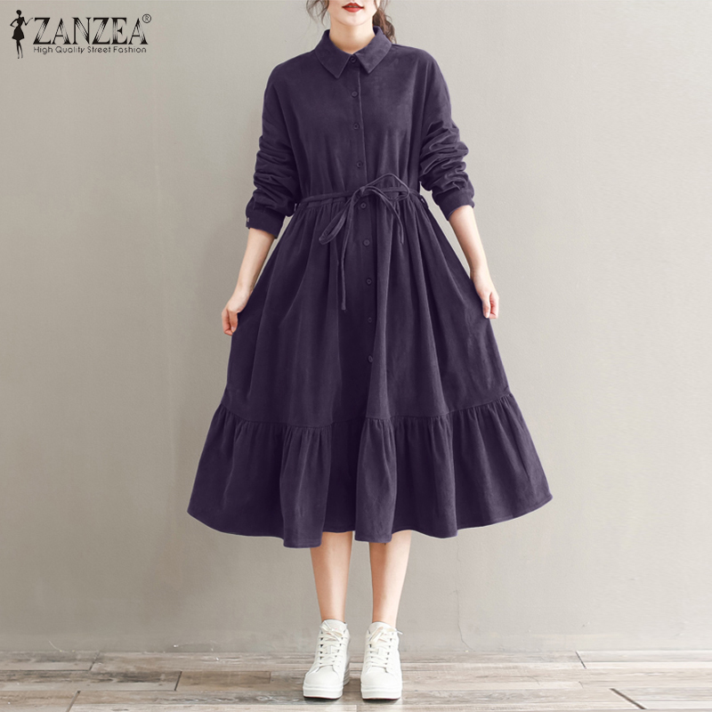 Đầm ZANZEA Tay Dài Cổ Bẻ Thiết Kế Xếp Ly Phong Cách Hàn Quốc Thời Trang Dành Cho Nữ