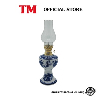 Đèn Thờ Dầu Men Xanh Lam Vẽ Rồng Xưởng Gốm TM (Tặng Kèm Chụp Đèn)