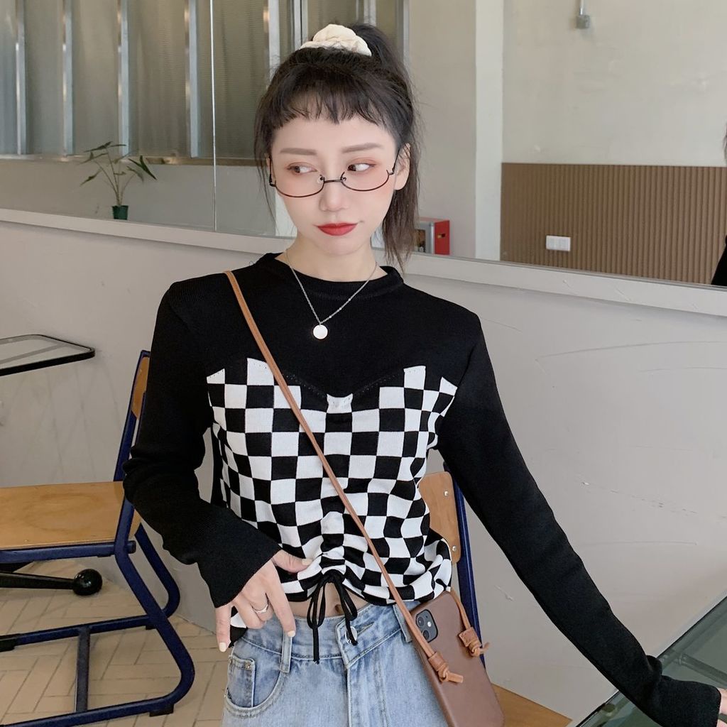 Áo thun tay dài giả hai lớp phối dây rút trước ngực họa tiết caro thời trang cho nữ