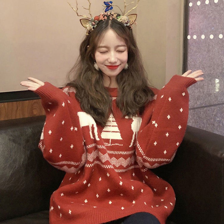 🎄Merry Christmas🎄 Áo sweater dáng rộng họa tiết màu đỏ ấm áp dễ thương cho nữ | BigBuy360 - bigbuy360.vn