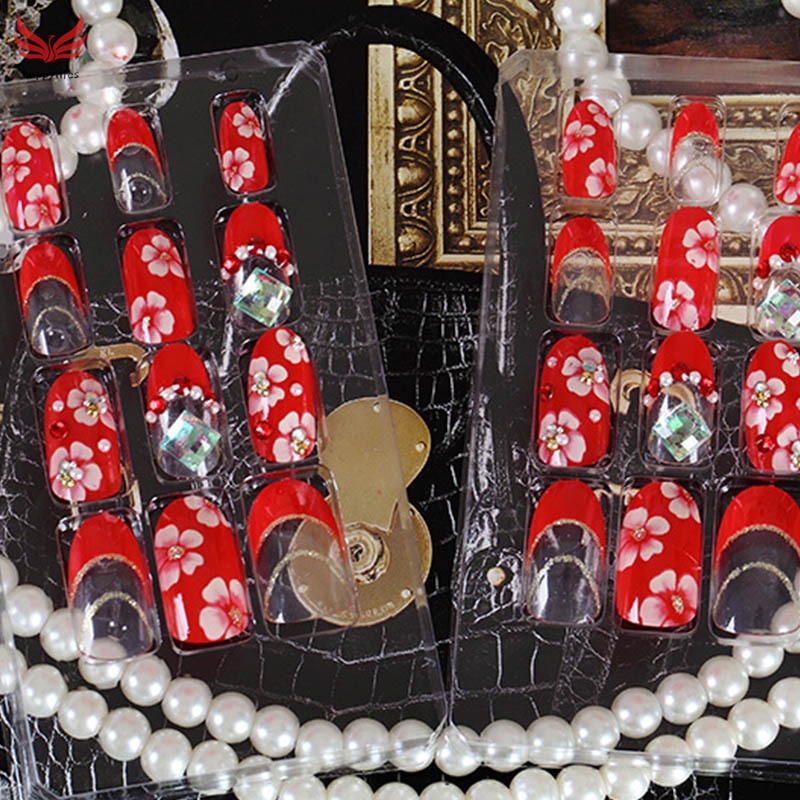 Set 24 Móng Tay Giả Đính Đá Lấp Lánh Màu Đỏ Kèm Miếng Dán Lưng Cho Cô Dâu