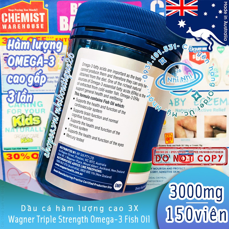 🐟CÓ BILL ÚC🐟 Dầu cá Wagner 3000mg 🐟 150 viên 🐟 Wagner Triple Strength Omega-3 Fish Oil 🐟 Chuẩn Chemist Warehouse