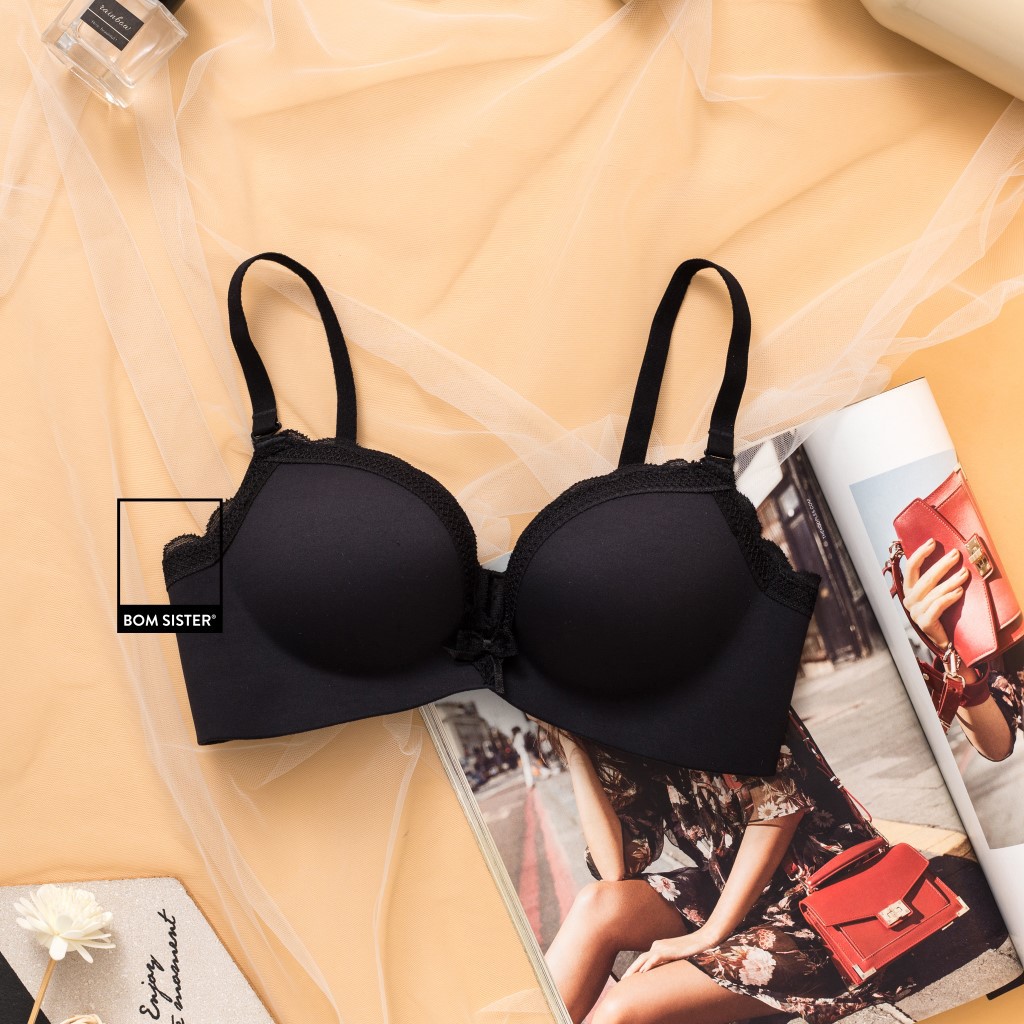 Áo lót mút vừa su đúc viền ren không gọng màu trơn đính nơ nâng ngực tự nhiên BOM SISTER A6442 | BigBuy360 - bigbuy360.vn