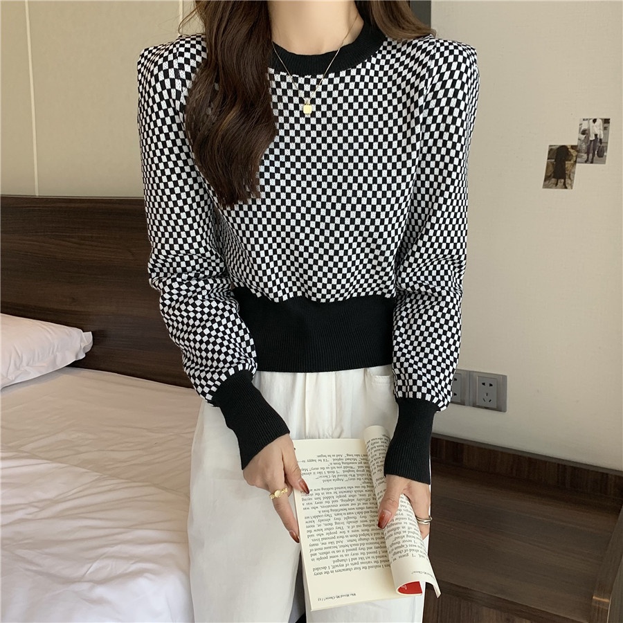 Porozi  Áo dệt kim  cổ tròn họa tiết sọc caro phong cách Hàn Quốc thời trang cho nữ