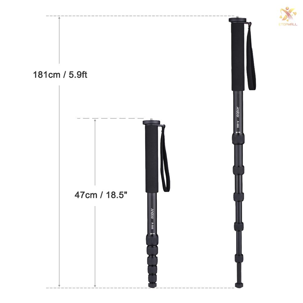 ET Andoer A-666 181cm/5.9ft Telescoping Aluminum Camera Monopod Unipod Stick 6-Section Max. Load 10kg/22Lbs with Carry Bag for Camcorder Video Studio Photography